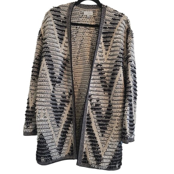 Black and Cream Women's Sweater Lucky Brand Cardigan Chevron Size Large - Picture 1 of 4